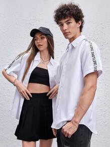 Manfinity VCAY 1pc Loose Fit Letter Tape Button Front Shirt - White - View 1