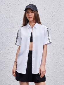 Manfinity VCAY 1pc Loose Fit Letter Tape Button Front Shirt - White - View 4
