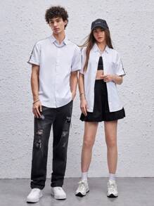 Manfinity VCAY 1pc Loose Fit Letter Tape Button Front Shirt - White - View 7