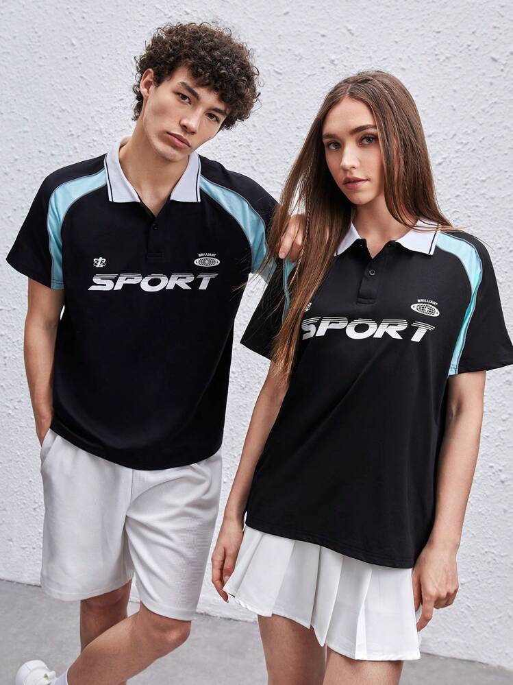 SWAVVY 1pc Loose Fit Polo Tee With Letter & Graphic Print And Contrast Collar - Black - View 1
