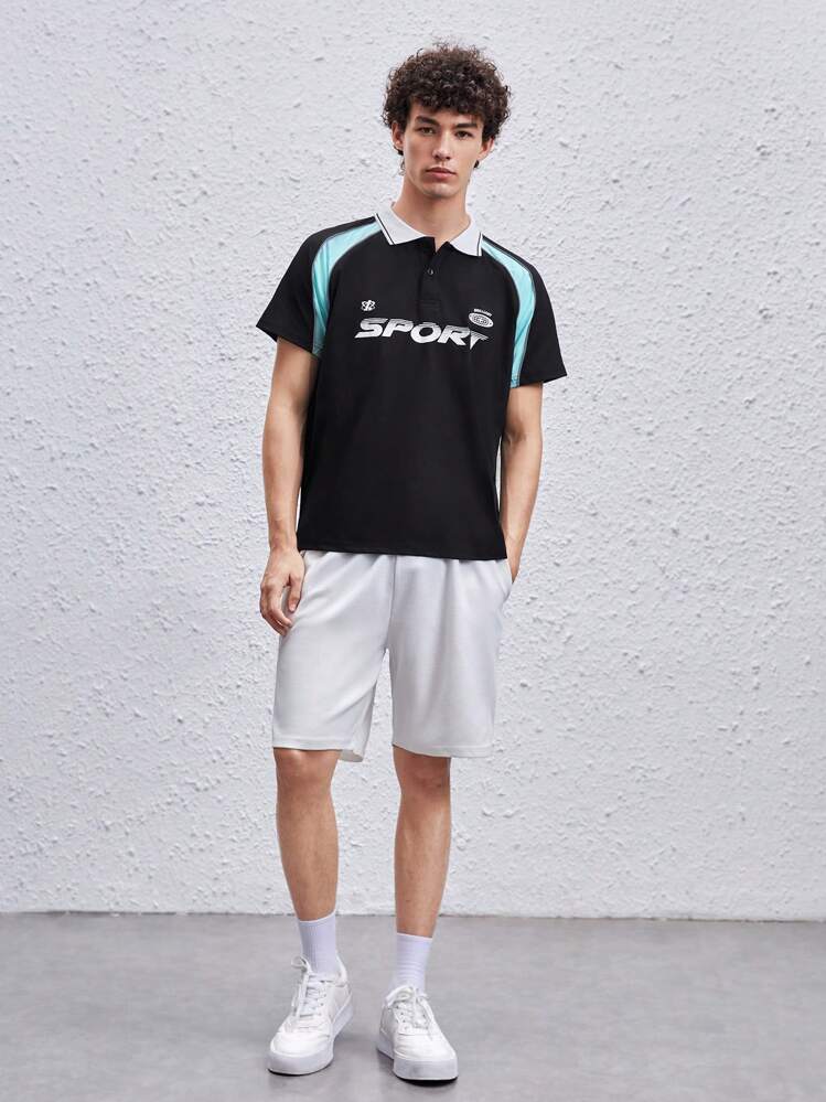 SWAVVY 1pc Loose Fit Polo Tee With Letter & Graphic Print And Contrast Collar - Black - View 4