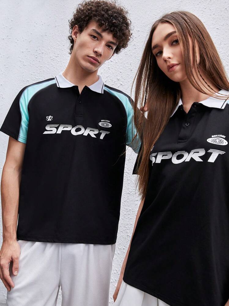 SWAVVY 1pc Loose Fit Polo Tee With Letter & Graphic Print And Contrast Collar - Black - View 7