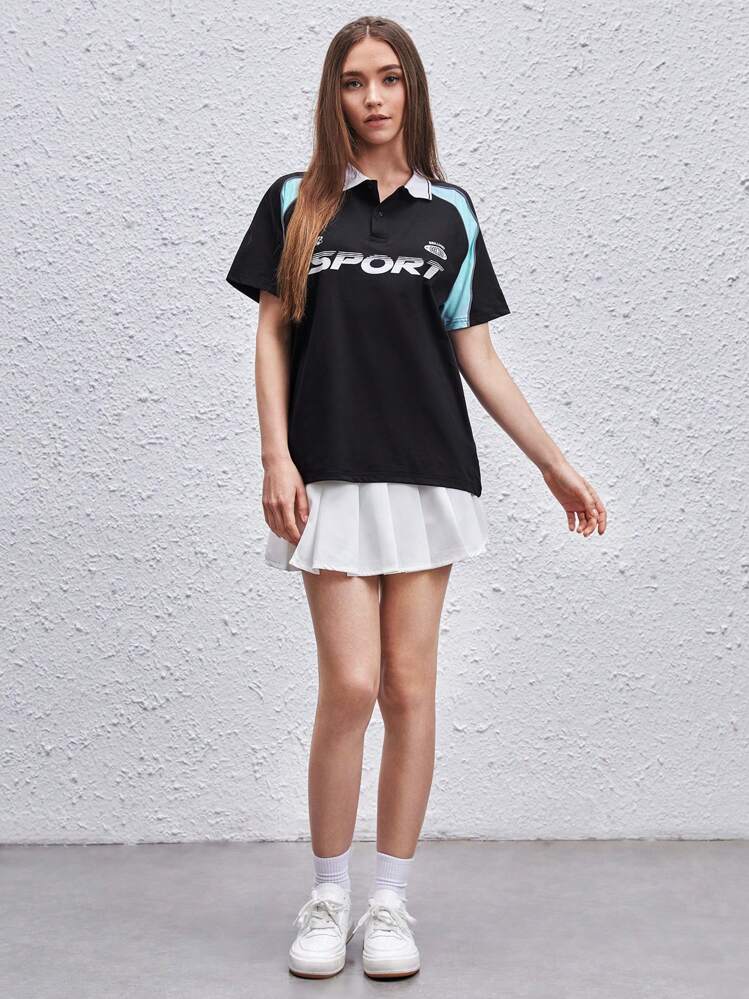 SWAVVY 1pc Loose Fit Polo Tee With Letter & Graphic Print And Contrast Collar - Black - View 10
