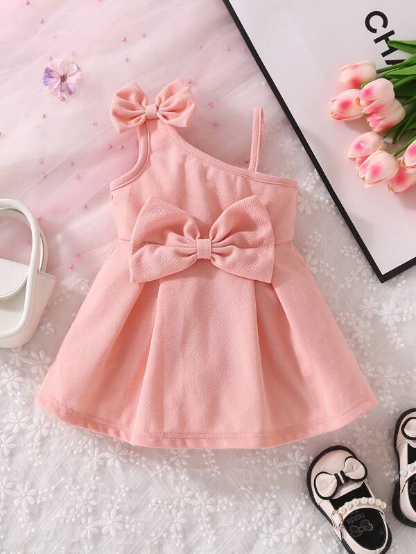 Baby Girl Bow Front Asymmetrical Neck Fold Pleated Detail Dress