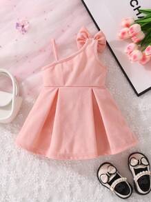 女嬰前蝴蝶結不對稱領褶皺細節連衣裙 - 粉色 - 查看 2
