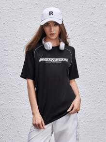 Manfinity VCAY 男士T恤修身領短袖標語TEE街頭賽車夏季聚酯纖維 - 黑色 - 查看 4