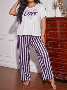 Plus Letter Graphic Tee & Striped Trousers PJ Set - Multicolor - View 2