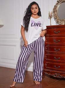 Plus Letter Graphic Tee & Striped Trousers PJ Set - Multicolor - View 4