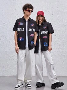 SWAVVY 1 pieza Camisa con estampado de letra con botón delantero - Negro - Ver 1