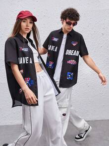 SWAVVY 1 pieza Camisa con estampado de letra con botón delantero - Negro - Ver 4