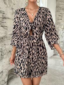 SHEIN Privé Allover Print Knot Front Dress - Multicolor - View 3