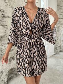 SHEIN Privé Allover Print Knot Front Dress - Multicolor - View 5