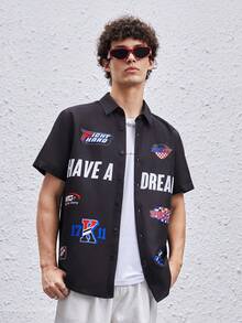 SWAVVY 1 pieza Camisa con estampado de letra con botón delantero - Negro - Ver 7