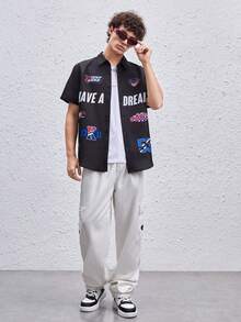 SWAVVY 1 pieza Camisa con estampado de letra con botón delantero - Negro - Ver 8