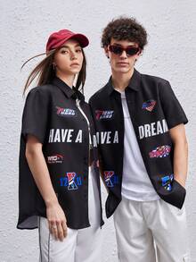 SWAVVY 1 pieza Camisa con estampado de letra con botón delantero - Negro - Ver 9