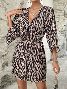 SHEIN Privé Allover Print Knot Front Dress - Multicolor - View 7