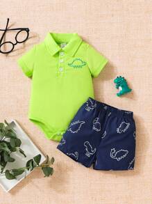 SHEIN 男嬰恐龍印花Polo領連體衣和短褲 - 彩色 - 查看 1