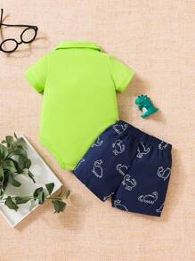 SHEIN 男嬰恐龍印花Polo領連體衣和短褲 - 彩色 - 查看 2