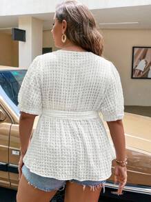 SHEIN Unity Plus Puff Sleeve Belted Blouse - White - View 2