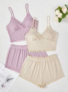 兩件套蕾絲邊吊帶背心和短褲休閒套裝 - 彩色 - 查看 1