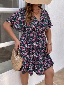 SHEIN Holidaya 大碼滿版印花蝴蝶袖荷葉邊洋裝