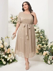 Modelyn 大碼亮片繫腰帶連衣裙 - 杏色 - 查看 1