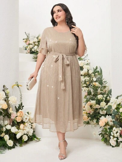 Modelyn Vestido largo con cinturón y lentejuelas para mujer, vestido de noche largo