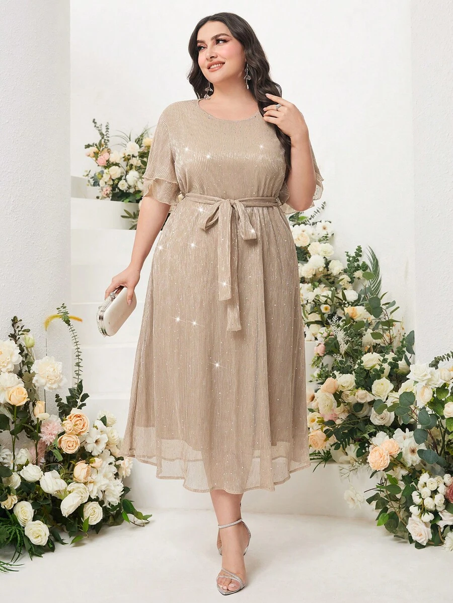 Modelyn 大碼亮片繫腰帶連衣裙 - 杏色 - 查看 1