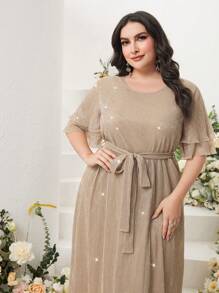 Modelyn 大碼亮片繫腰帶連衣裙 - 杏色 - 查看 4