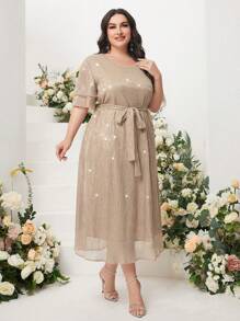 Modelyn 大碼亮片繫腰帶連衣裙 - 杏色 - 查看 5