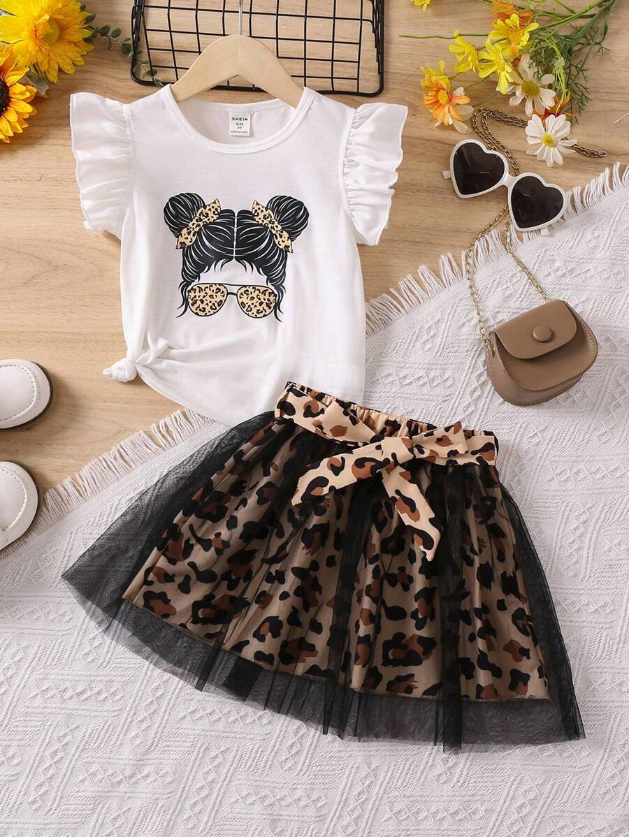 SHEIN Young Girl Figure Graphic Ruffle Trim Tee & Leopard Print Mesh Overlay Skirt Set