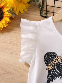 SHEIN Young Girl Figure Graphic Ruffle Trim Tee & Leopard Print Mesh Overlay Skirt Set