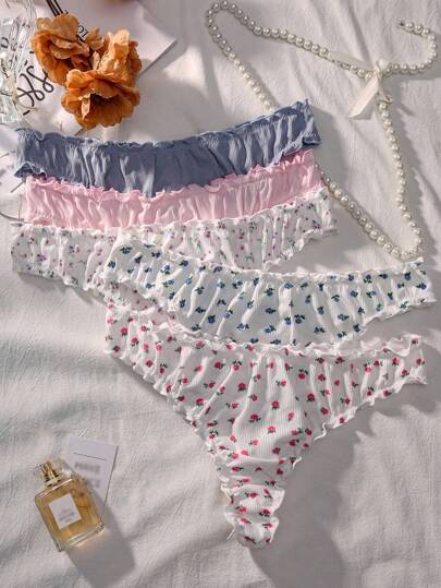 PetitDoll Plus 5pack Ditsy Floral Print Lettuce Trim Panty