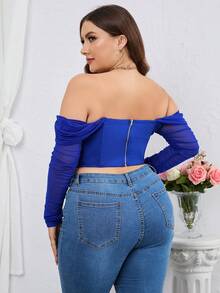 PARTHEA 大碼一字肩褶邊網紗上衣 - 寶藍色 - 查看 2