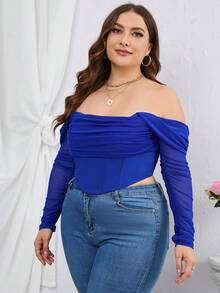 PARTHEA 大碼一字肩褶邊網紗上衣 - 寶藍色 - 查看 3