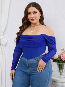 PARTHEA 大碼一字肩褶邊網紗上衣 - 寶藍色 - 查看 4