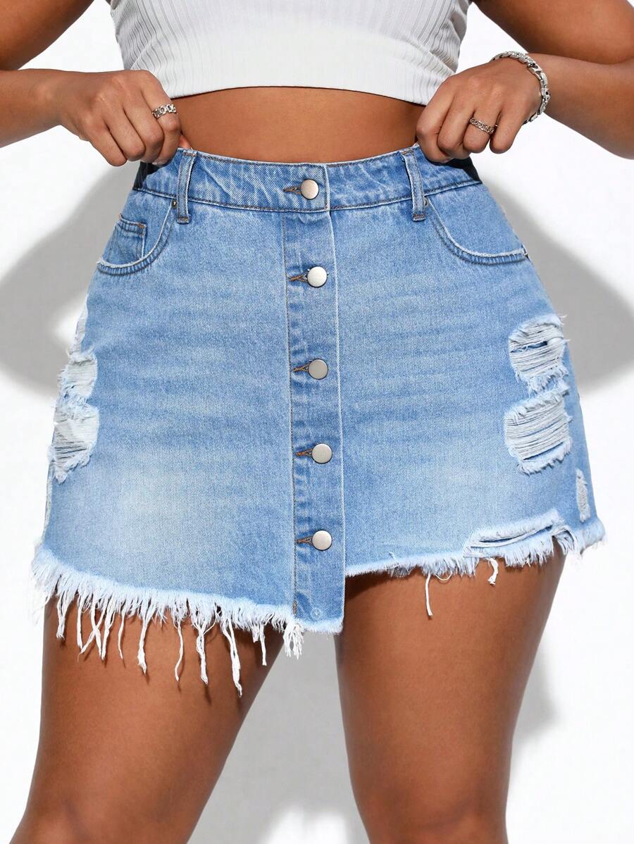 SHEIN SXY Skort mezclilla desgarro ribete sin dobladillo bajo asimétrico