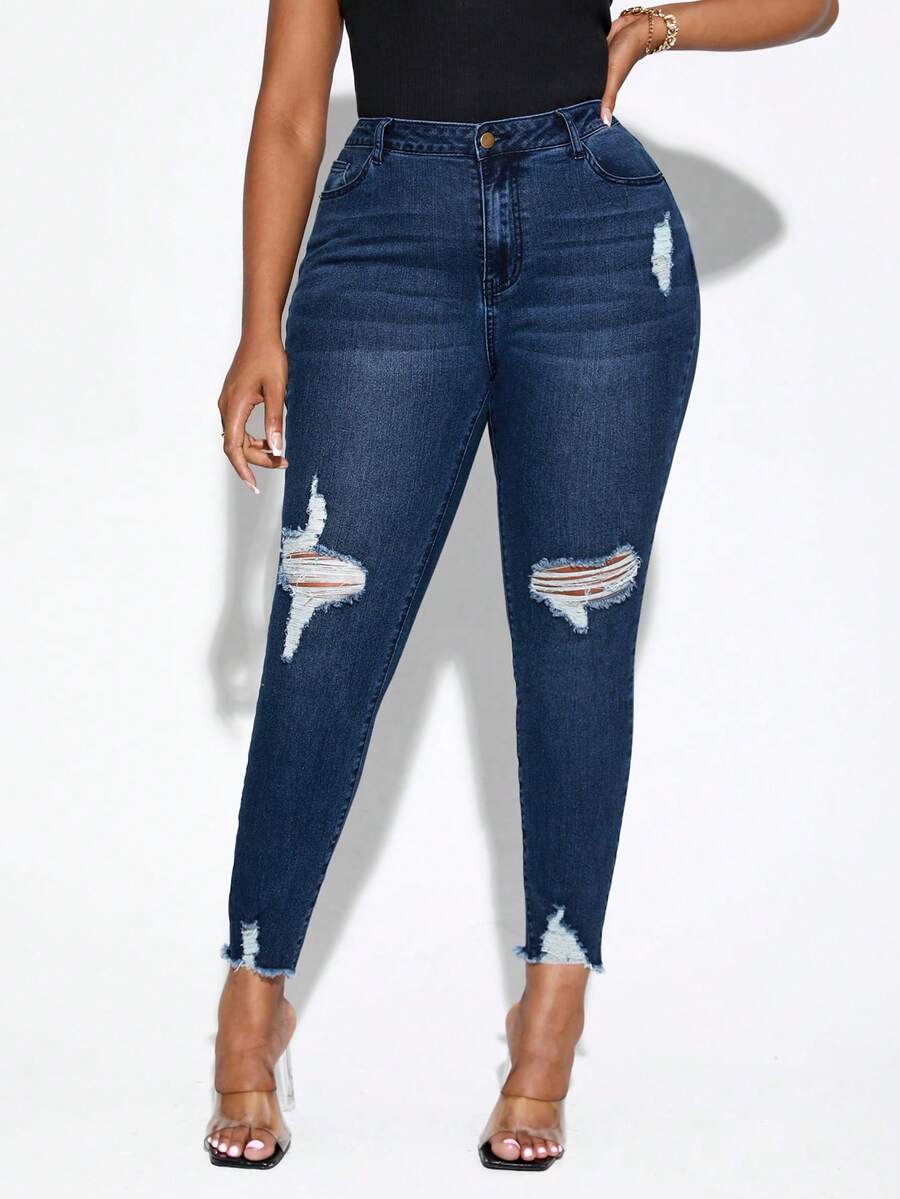 SHEIN SXY Quần Denim kích thước lớn Túi Hem thô Bị tách màu trơn - Rửa tối - Xem 1