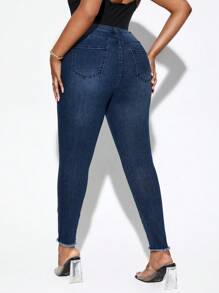 SHEIN SXY Quần Denim kích thước lớn Túi Hem thô Bị tách màu trơn - Rửa tối - Xem 2