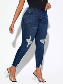 SHEIN SXY Quần Denim kích thước lớn Túi Hem thô Bị tách màu trơn - Rửa tối - Xem 3