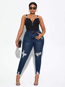 SHEIN SXY Quần Denim kích thước lớn Túi Hem thô Bị tách màu trơn - Rửa tối - Xem 4