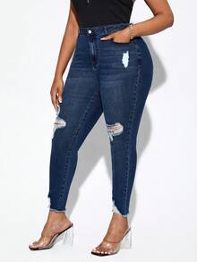 SHEIN SXY Quần Denim kích thước lớn Túi Hem thô Bị tách màu trơn - Rửa tối - Xem 5