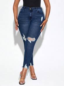 SHEIN SXY Quần Denim kích thước lớn Túi Hem thô Bị tách màu trơn - Rửa tối - Xem 6