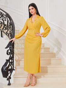Modelyn 西裝領水鑽細節高衩洋裝 - 黃色 - 查看 5