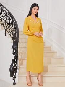 Modelyn 西裝領水鑽細節高衩洋裝 - 黃色 - 查看 4