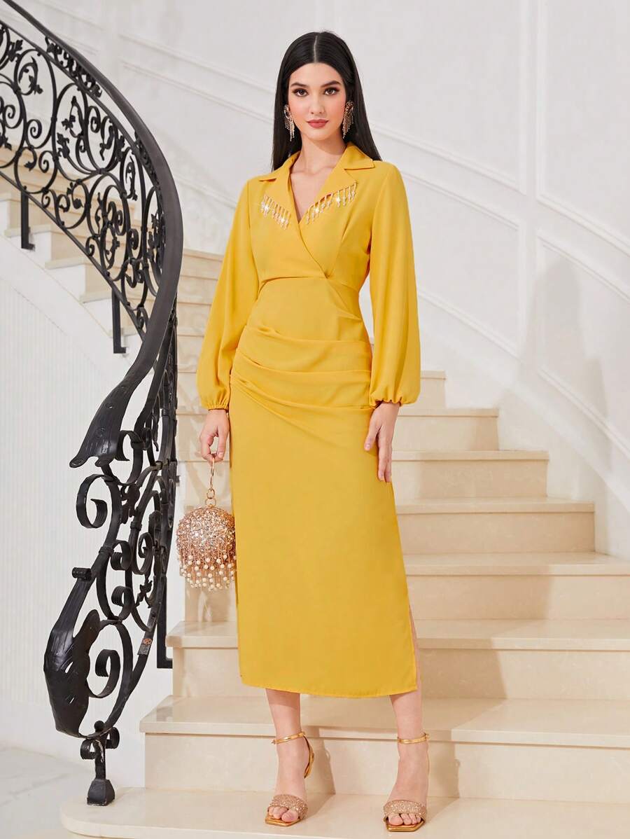 Modelyn 西裝領水鑽細節高衩洋裝 - 黃色 - 查看 1
