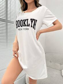 SHEIN Letter Graphic Pajama Nightdress Bridallingerie - White - View 3