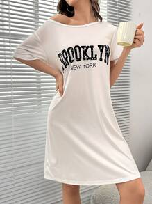 SHEIN Letter Graphic Pajama Nightdress Bridallingerie - White - View 5