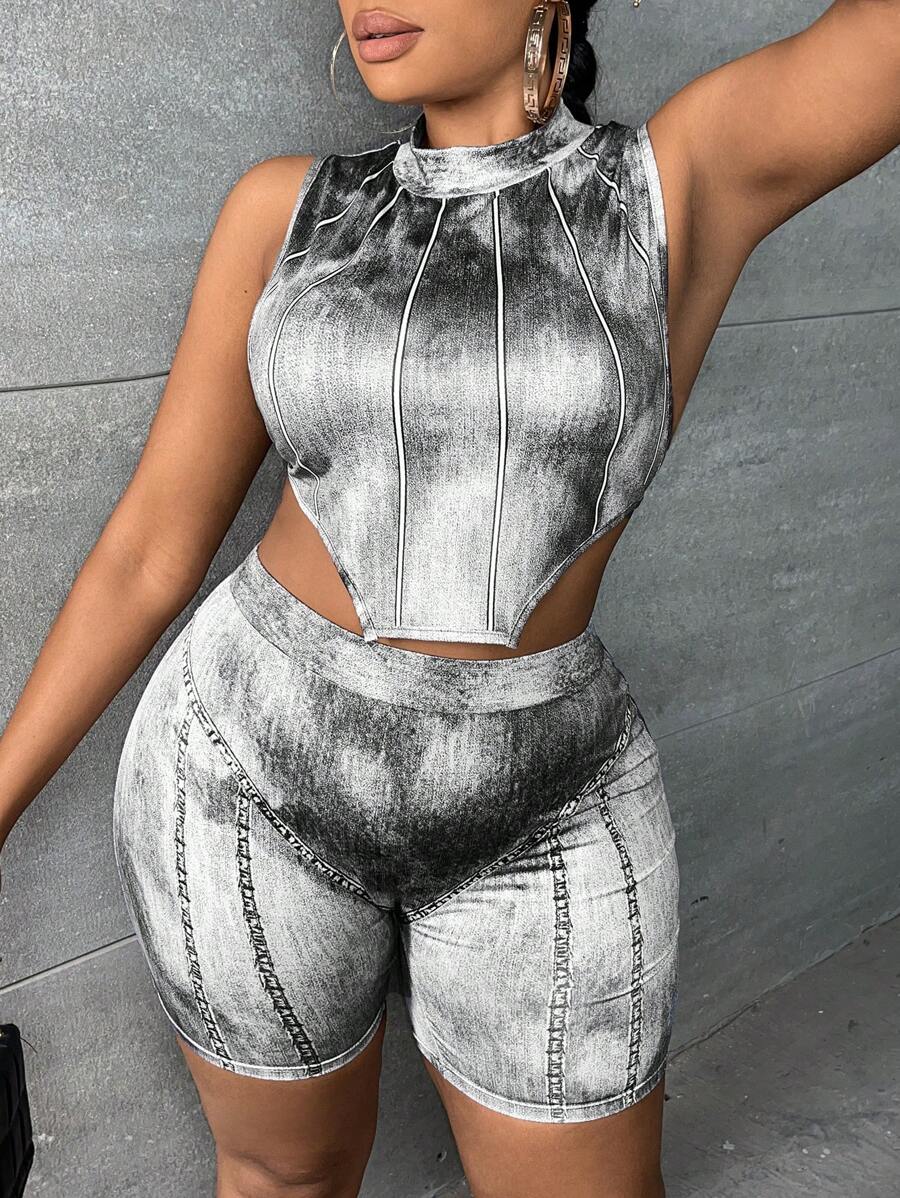 Slaydiva 大碼牛仔效果印花不對稱下擺背心上衣和騎行褲 - 淺灰色 - 查看 1