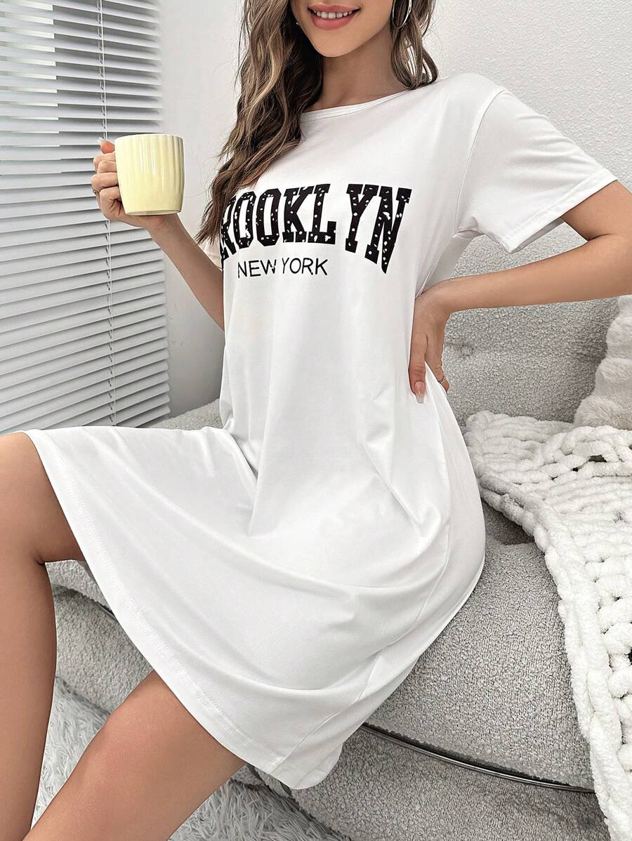 SHEIN Letter Graphic Pajama Nightdress Bridallingerie - White - View 1